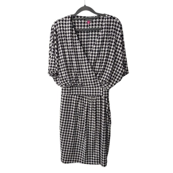 Vince Camuto Black White Blouson Dress Womens 2 Houndstooth Check Faux Belt - Picture 1 of 6